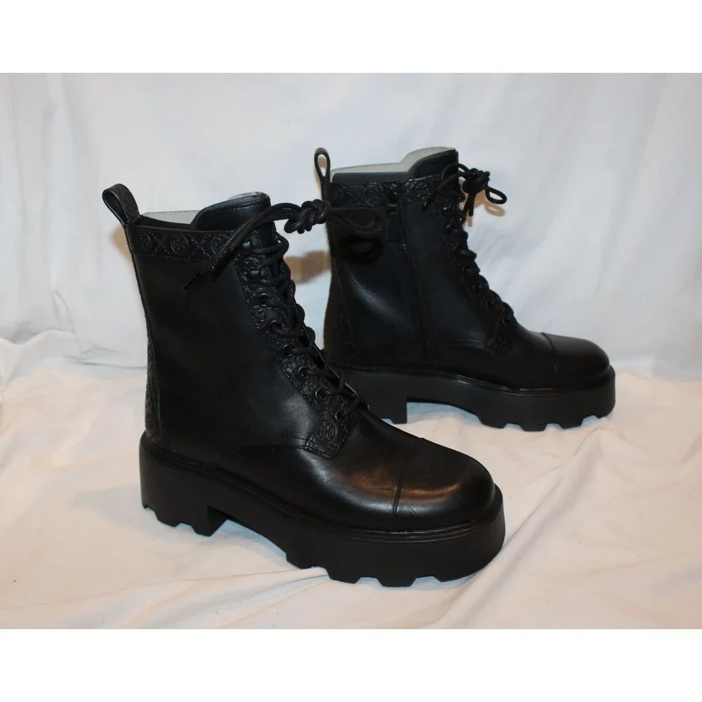 Tory Burch Double T Logo Lug Sole Leather Platform Vachetta Boots Black 8 $500